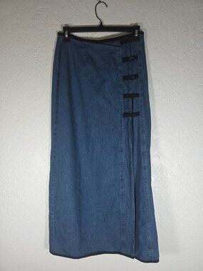 Vintage Sun River Blue 90s Denim Wrap Skirt Women’s Size M Maxi Long Velvet Trim